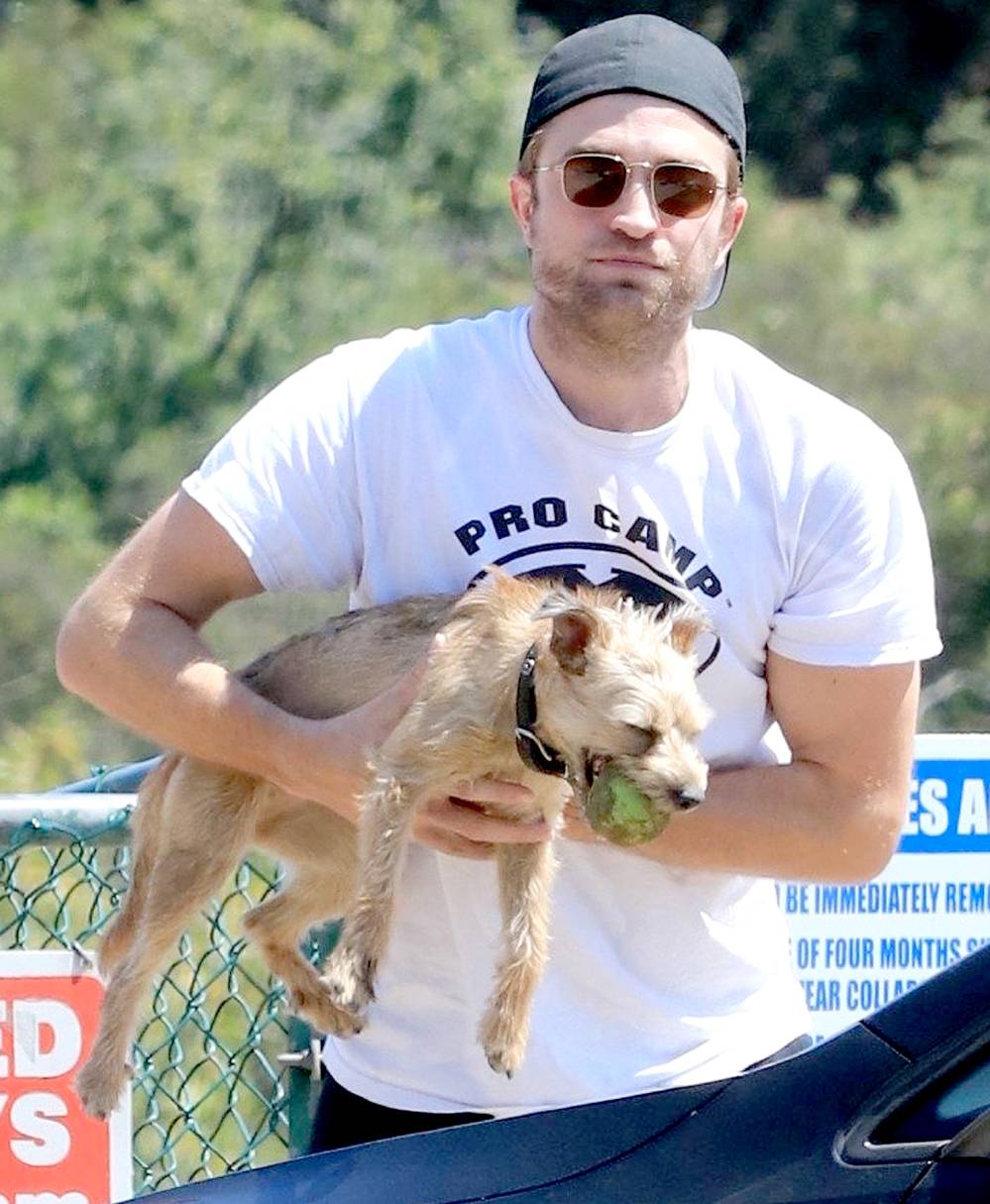 Robert Pattinson enjoys a day at the dog park with his pooch on July 15, 2017.