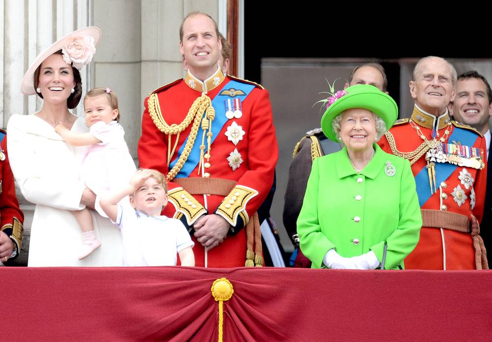 Catherine, Duchess of Cambridge, Princess Charlotte of Cambridge, Prince George of Cambridge, Prince William, Duke of Cambridge, Queen Elizabeth II and Prince Philip, The Duke of Edinburgh during the Trooping the Colour, this year marking the Queen's official 90th birthday at The Mall on June 11, 2016.