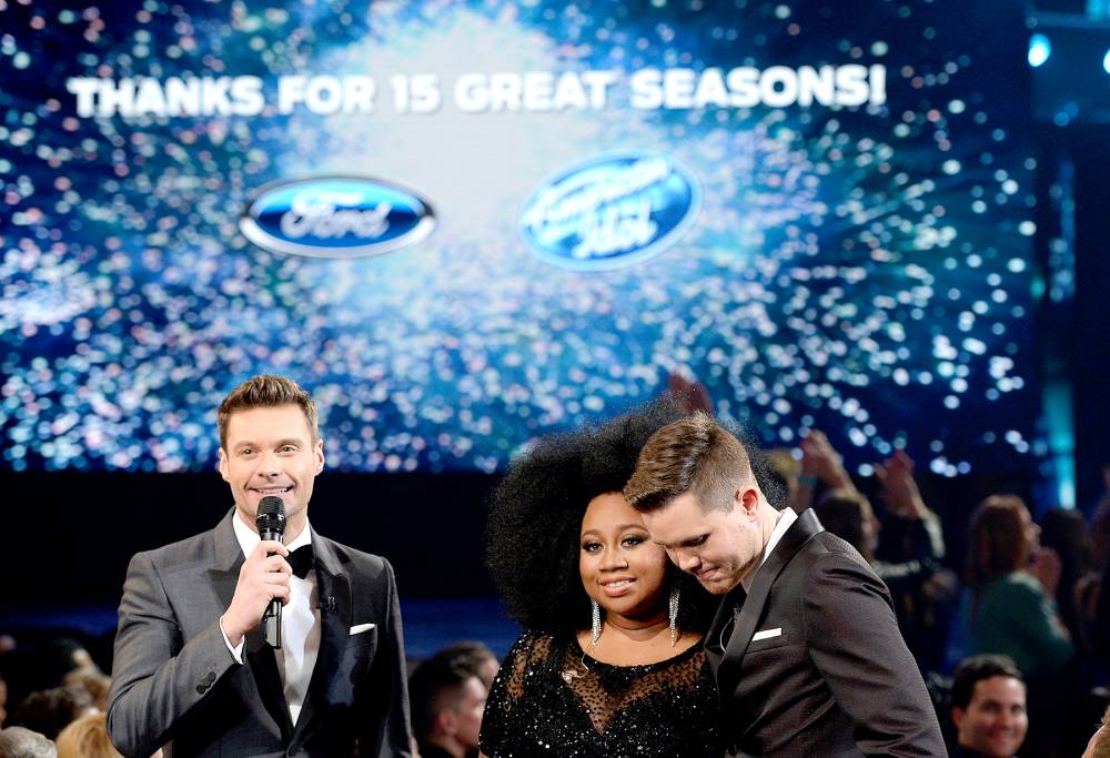 American Idol Season 15 winner Trent Harmon (R), host Ryan Seacrest (L) and finalist La'Porsha Renae speak onstage during FOX's "American Idol" Finale For The Farewell Season at Dolby Theatre on April 7, 2016 in Hollywood, California. at Dolby Theatre on April 7, 2016 in Hollywood, California.