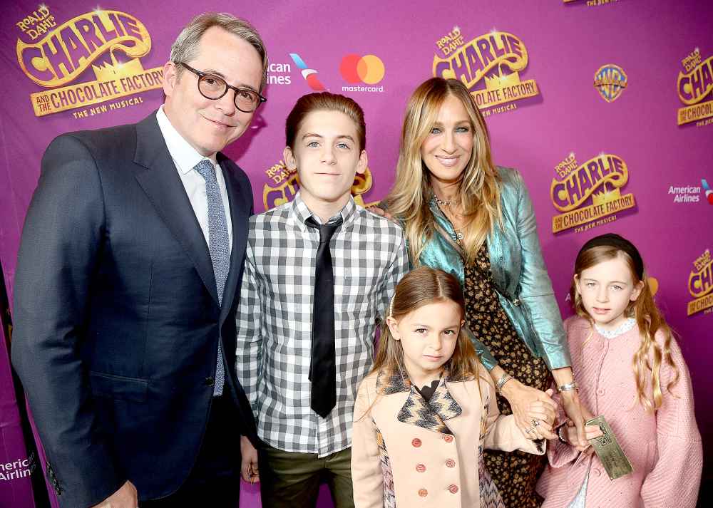 Matthew Broderick, James Wilkie Broderick, Tabitha Hodge Broderick, Sarah Jessica Parker and Marion Loretta Broderick pose at the opening night of the new musical "Charlie and The Chocolate Factory" on Broadway at The Lunt-Fontanne Theatre on April 23, 2017 in New York City.