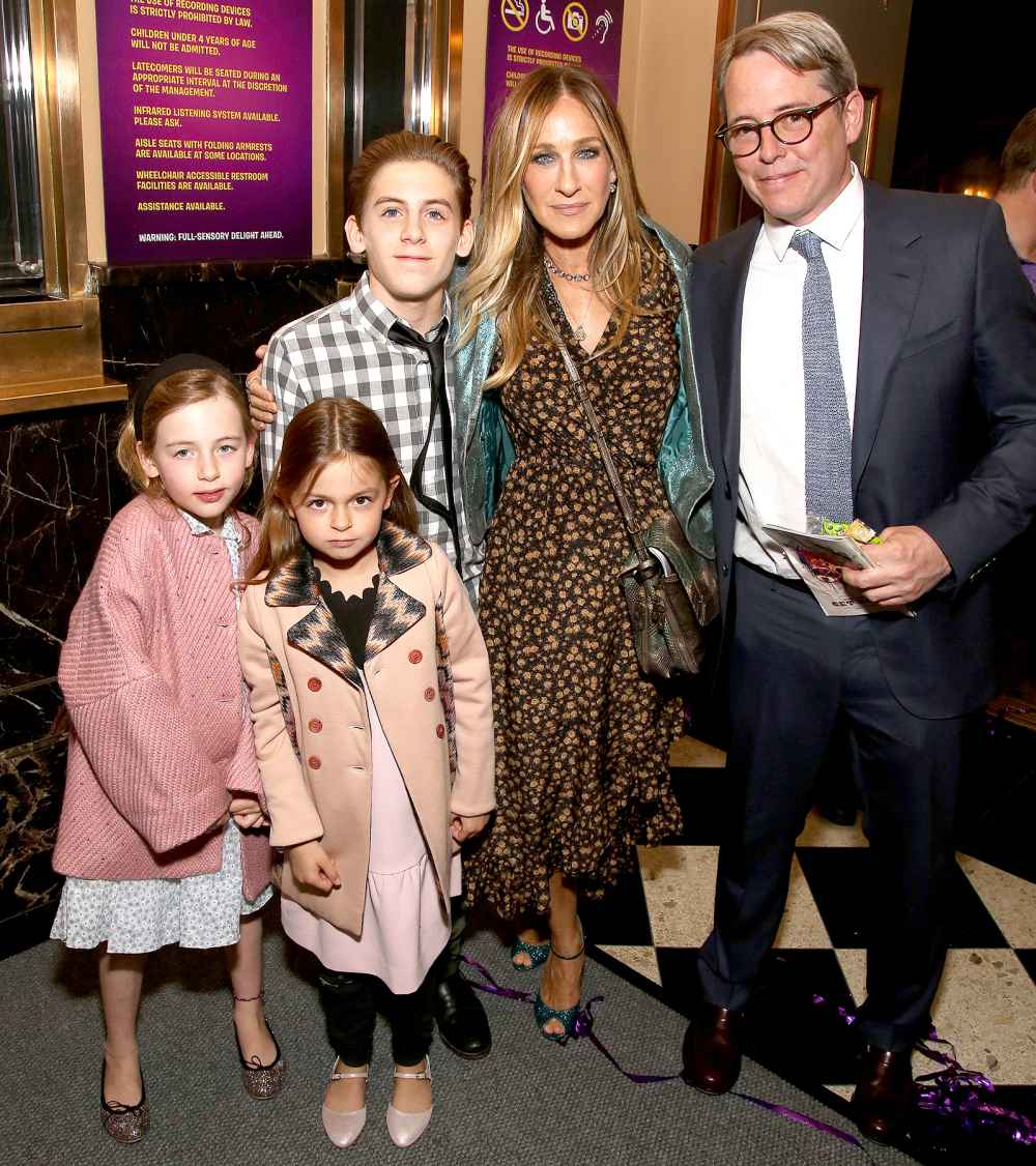 Tabitha Broderick, Marion Loretta Broderick, James Wilkie Broderick, Sarah Jessica Parker and Matthew Broderick attending the Broadway Opening Performance After Party for 'Charlie and the Chocolate Factory' at the Pier 60 on April 23, 2017 in New York City.