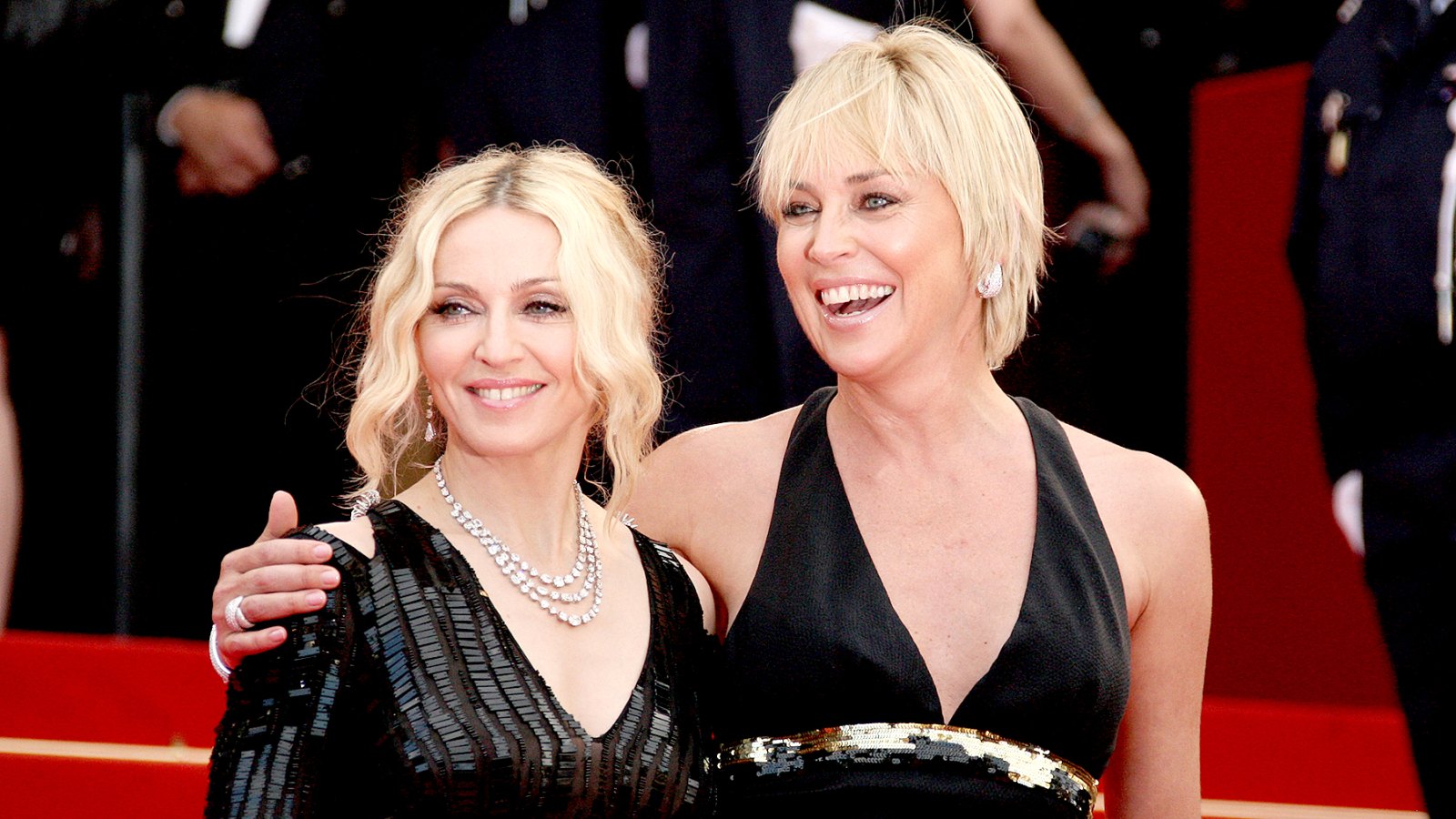 Madonna and Sharon Stone attend the "I Am Because We Are" premiere at the Palais des Festivals during the 61st International Cannes Film Festival on May 21, 2008 in Cannes, France.