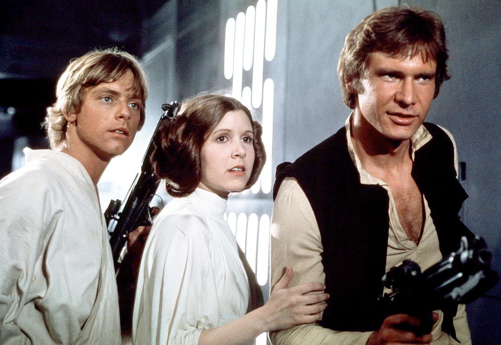 Mark Hamill, Carrie Fisher and Harrison Ford on the set of Star Wars: Episode IV - A New Hope.