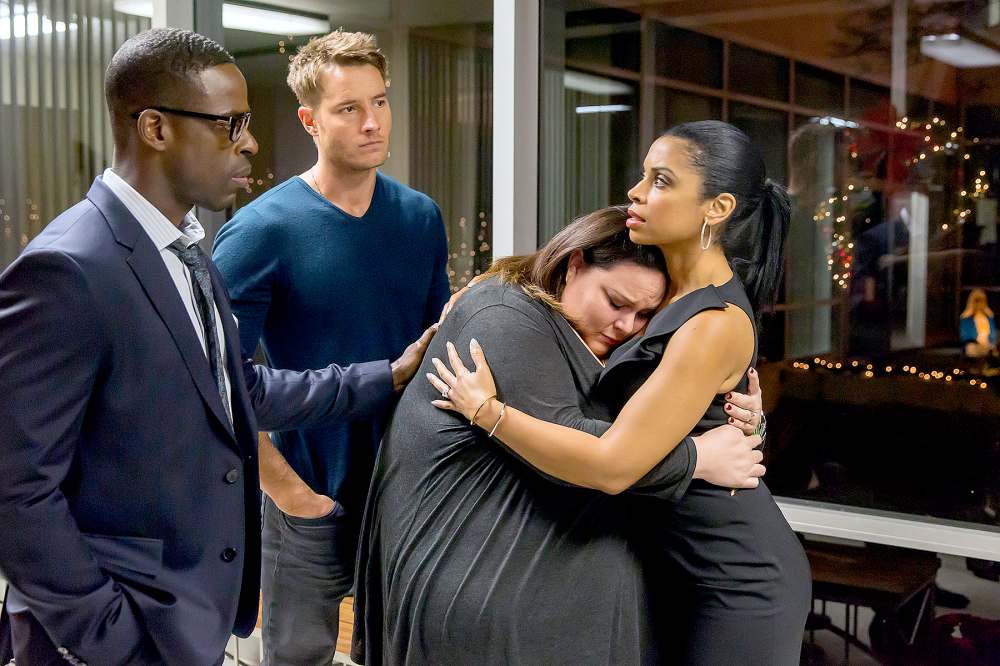 Sterling K. Brown as Randall, Justin Hartley as Kevin, Chrissy Metz as Kate, and Susan Kelechi Watson as Beth on This Is Us.