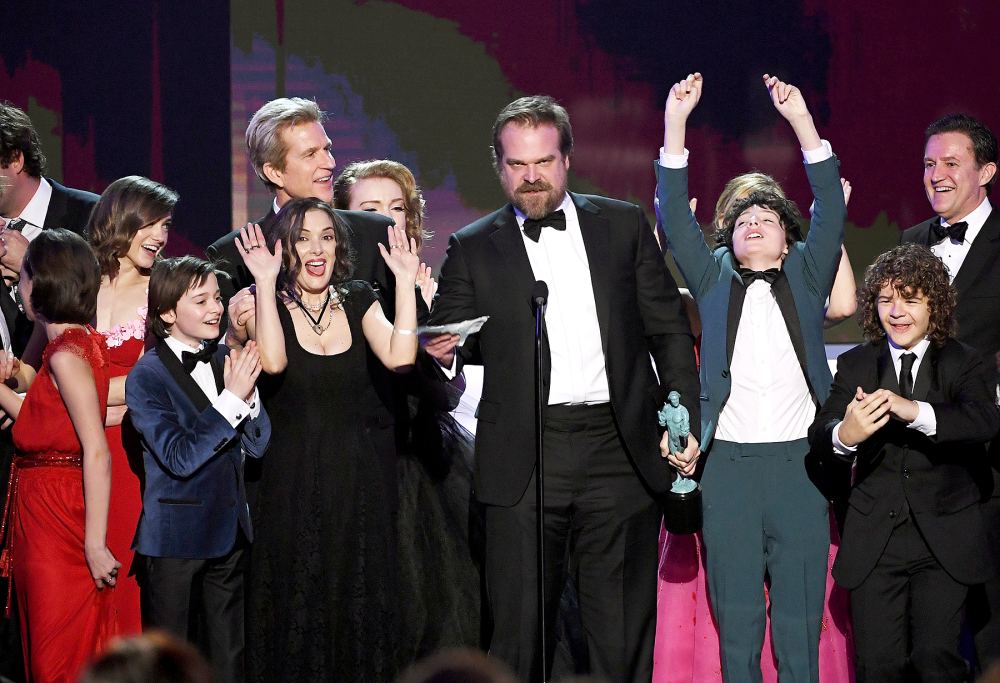 Natalia Dyer, Noah Schnapp, Winona Ryder, Matthew Modine, Shannon Purser, David Harbour, Finn Wolfhard and Gaten Matarazzo of 'Stranger Things' accept Outstanding Performance by an Ensemble in a Drama Series onstage during the 23rd Annual Screen Actors Guild Awards at the Shrine Auditorium on Jan. 29, 2017, in Los Angeles.