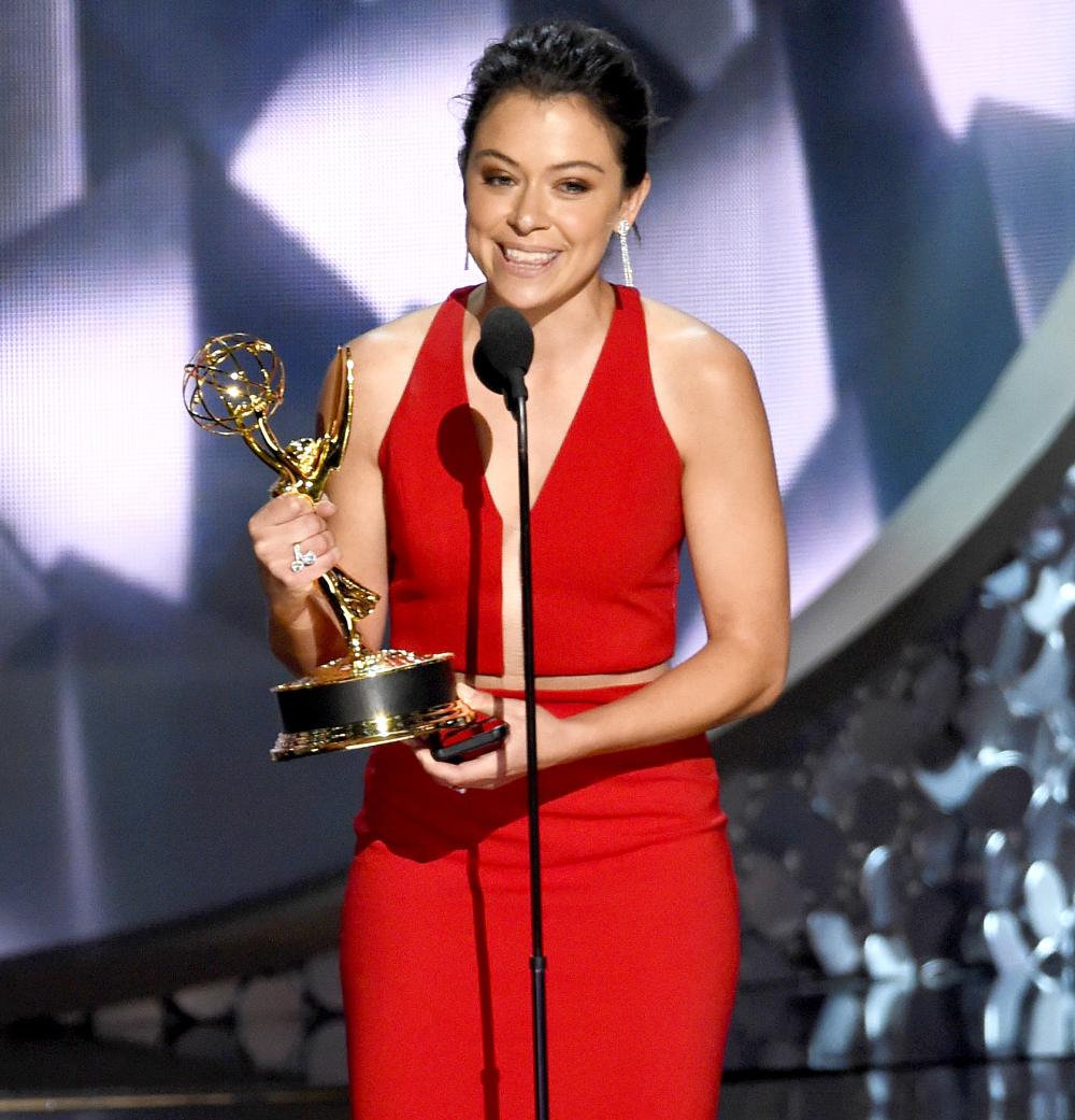 Tatiana Maslany accepts the award for Outstanding Lead Actress in a Drama Series for 'Orphan Black' at the 68th Primetime Emmy Awards on Sunday, Sept. 18, 2016, at the Microsoft Theater in Los Angeles.