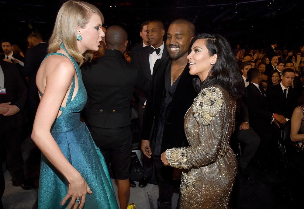 Taylor Swift, Kanye West and Kim Kardashian attend the 57th Annual Grammy Awards at the Staples Center in Los Angeles on February 8, 2015.