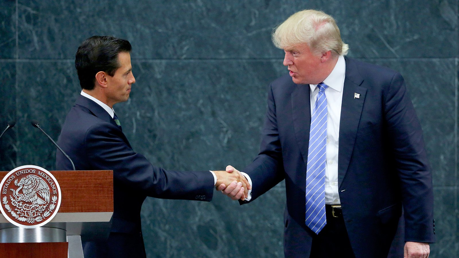 Mexican President Enrique Peña Nieto greets Donald Trump during a meeting at Los Pinos in Mexico City, Mexico, on August 31, 2016.