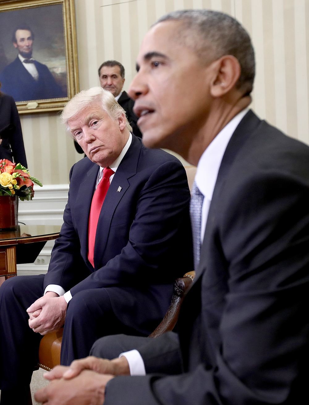 President-elect Donald Trump (L) listens as U.S. President Barack Obama speaks during a meeting in the Oval Office November 10, 2016 in Washington, DC. Trump is scheduled to meet with members of the Republican leadership in Congress later today on Capitol Hill.