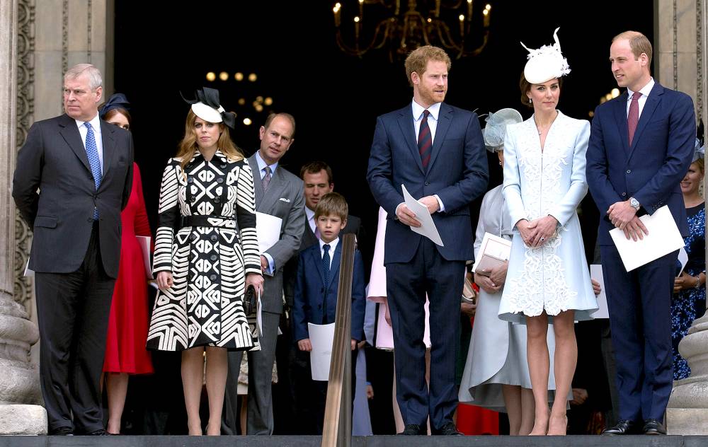 Britain's Prince Andrew (L), Britain's Princess Eugenie of York (2nd L), Britain's Princess Beatrice of York (3rd L), Britain's Prince Edward, Earl of Wessex (4th L), Britain's Prince Harry (3rd R), Britain's Catherine, Duchess of Cambridge (2nd R) and Britain's Prince William, Duke of Cambridge (R).