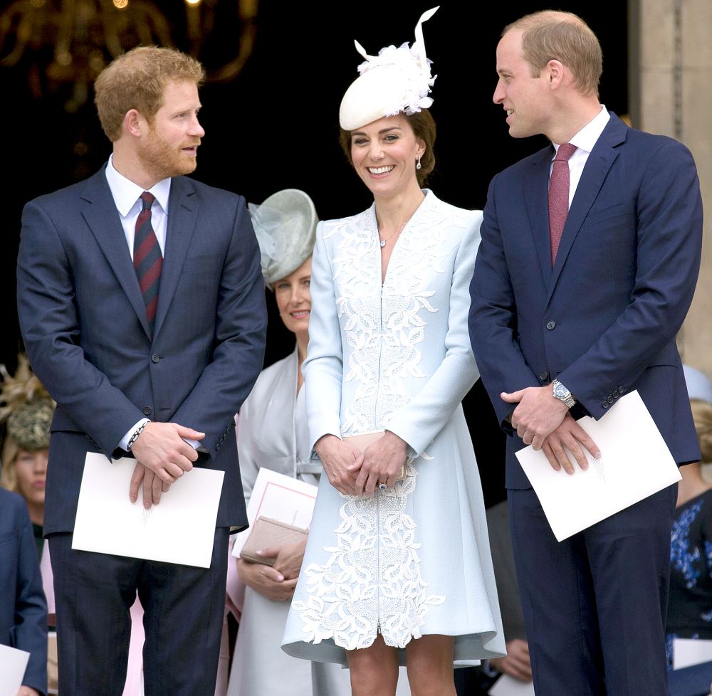 Britain's Prince Harry, Britain's Catherine, Duchess of Cambridge and Britain's Prince William, Duke of Cambridge leave after attending a national service of thanksgiving for the 90th birthday of Britain's Queen Elizabeth II at St Paul's Cathedral in London on June 10, 2016.