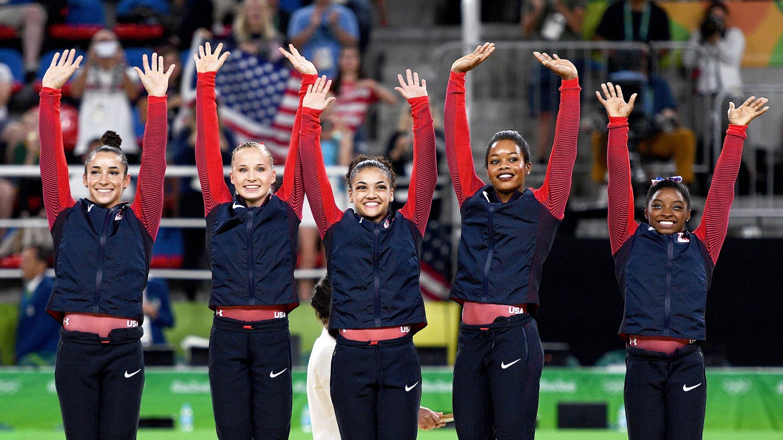 Gold Medalists Simone Biles, Gabrielle Douglas, Lauren Hernandez, Madison Kocian and Alexandra Raisman of the United States celebrate on the podium at the medal ceremony for the Artistic Gymnastics Women's Team Final on Day 4 of the Rio 2016 Olympic Games at the Rio Olympic Arena on August 9, 2016 in Rio de Janeiro, Brazil.