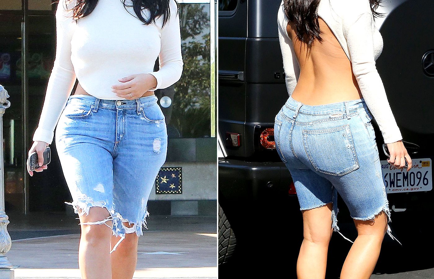 Kim Kardashian Wears Backless Top with Ripped Jean Shorts: Photo