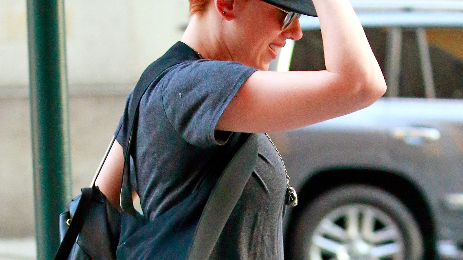 Scarlett Johansson debuts new red hair in NYC on July 22, 2015.