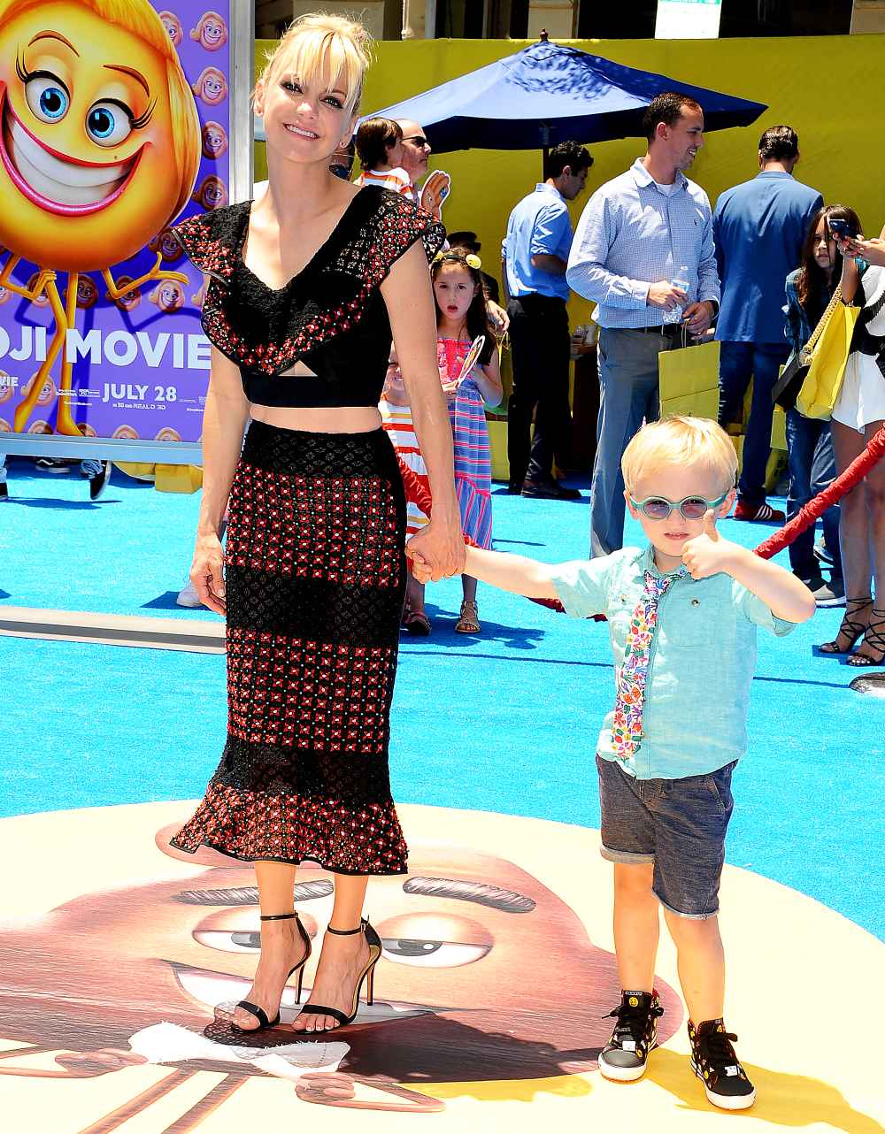 Anna Faris and son Jack attend the premiere of "The Emoji Movie" at Regency Village Theatre on July 23, 2017 in Westwood, California.