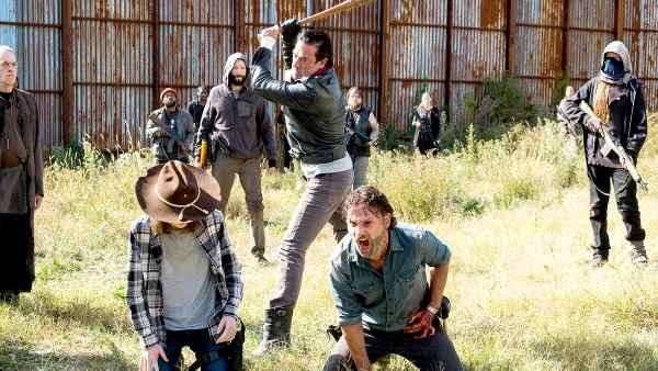 Andrew Lincoln as Rick Grimes, Chandler Riggs as Carl Grimes, Jeffrey Dean Morgan as Negan on The Walking Dead.