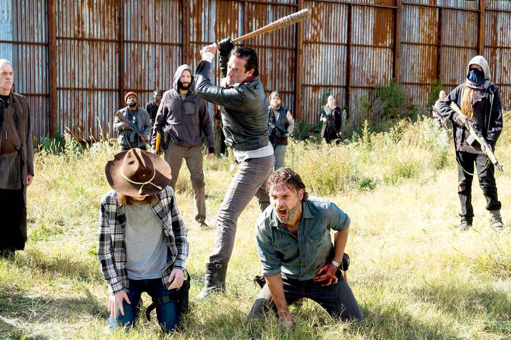 Andrew Lincoln as Rick Grimes, Chandler Riggs as Carl Grimes, Jeffrey Dean Morgan as Negan on The Walking Dead.