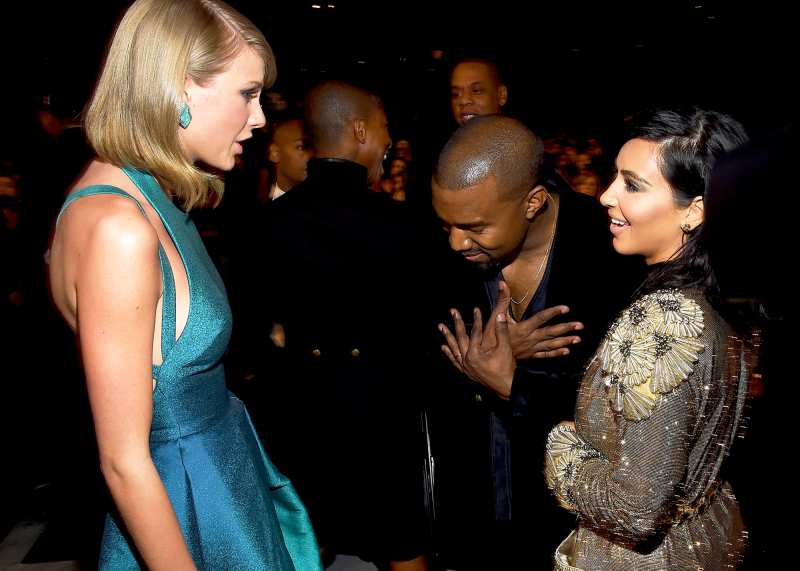 Taylor Swift, Kanye West and Kim Kardashian attend The 57th Annual Grammy Awards at the STAPLES Center on February 8, 2015 in Los Angeles, California.