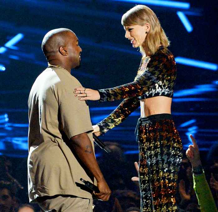Kanye West and Taylor Swift during the 2015 MTV Video Music Awards at Microsoft Theater on August 30, 2015 in Los Angeles, California.