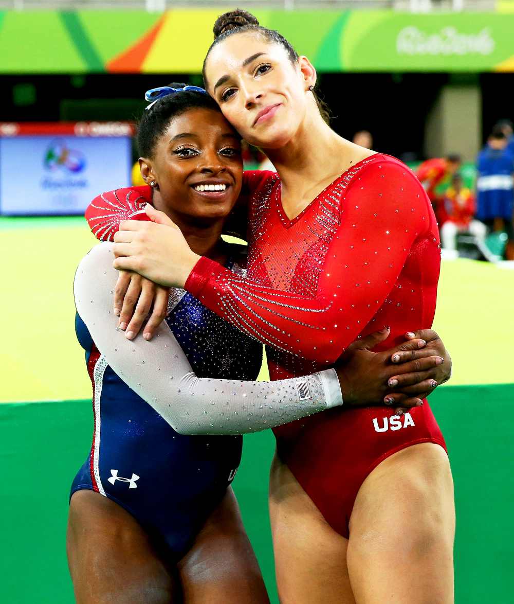 Simone Biles and Aly Raisman of the United States during the Women's Individual All Around Final on Day 6 of the 2016 Rio Olympics at Rio Olympic Arena in Rio de Janeiro, Brazil.
