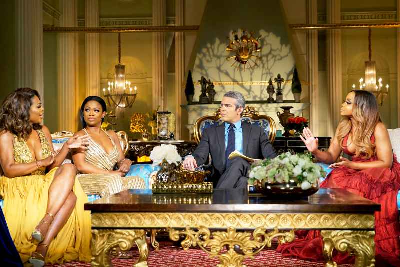 ‘Real Housewives of Atlanta’ stars Kenya Moore, Kandi Burruss and Phaedra Parks with Andy Cohen during Reunion