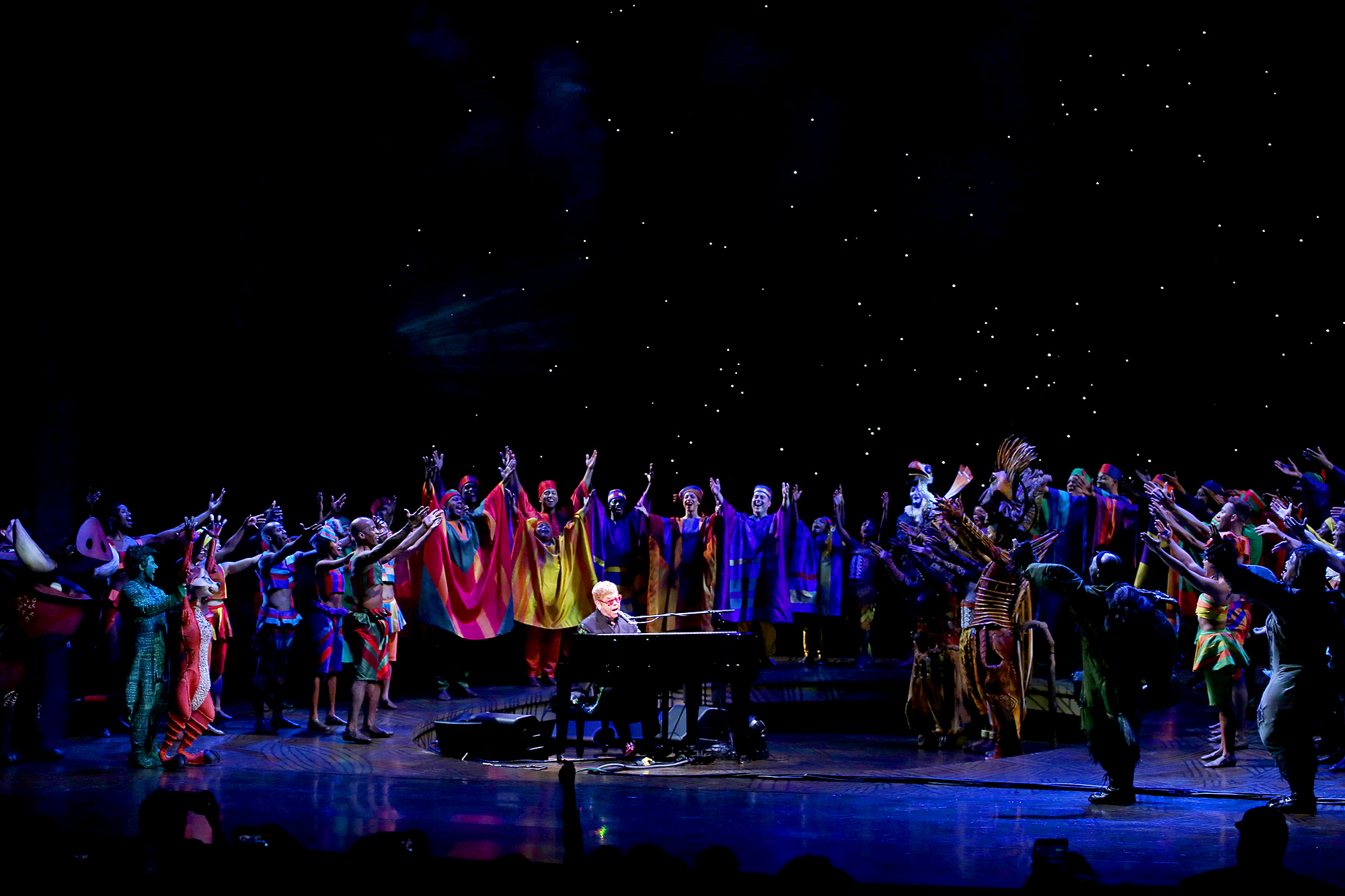 Elton John with the cast performing during the Curtain Call for 20th Anniversary Performance of 'The Lion King' on Broadway at The Minskoff Theatre on November 5, 2017 in New York City.