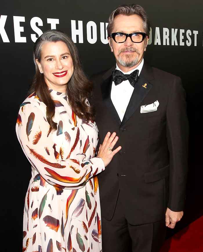 Gary Oldman and Gisele Schmidt attend the premiere of Focus Features 'Darkest Hour' at Samuel Goldwyn Theater on November 8, 2017 in Beverly Hills, California.