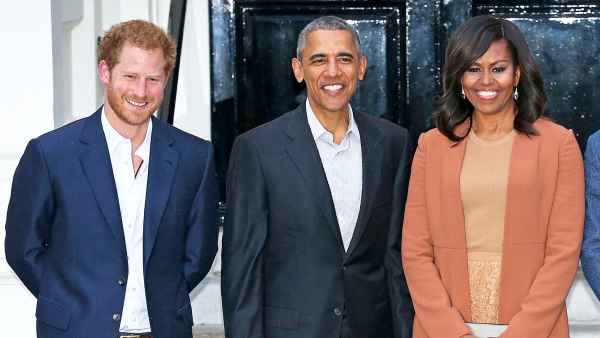 Prince Harry, Barack Obama and Michelle Obama attend a dinner at Kensington Palace on April 22, 2016 in London, England.