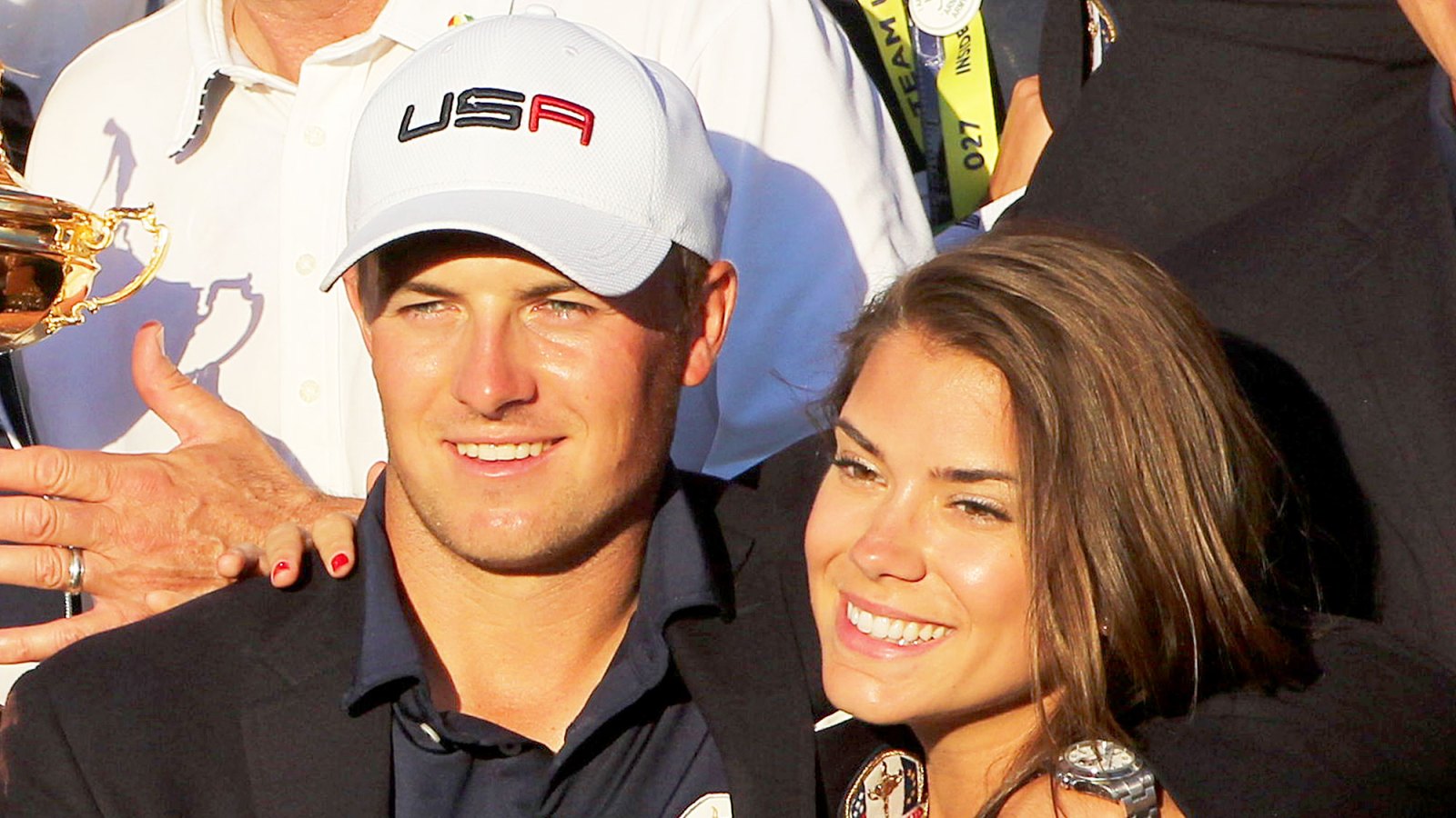 Jordan Spieth and Annie Verret celebrate with the Ryder Cup after the United States victory in the Ryder Cup tournament at Hazeltine National Golf Club on October 02, 2016 in Chaska, Minnesota.