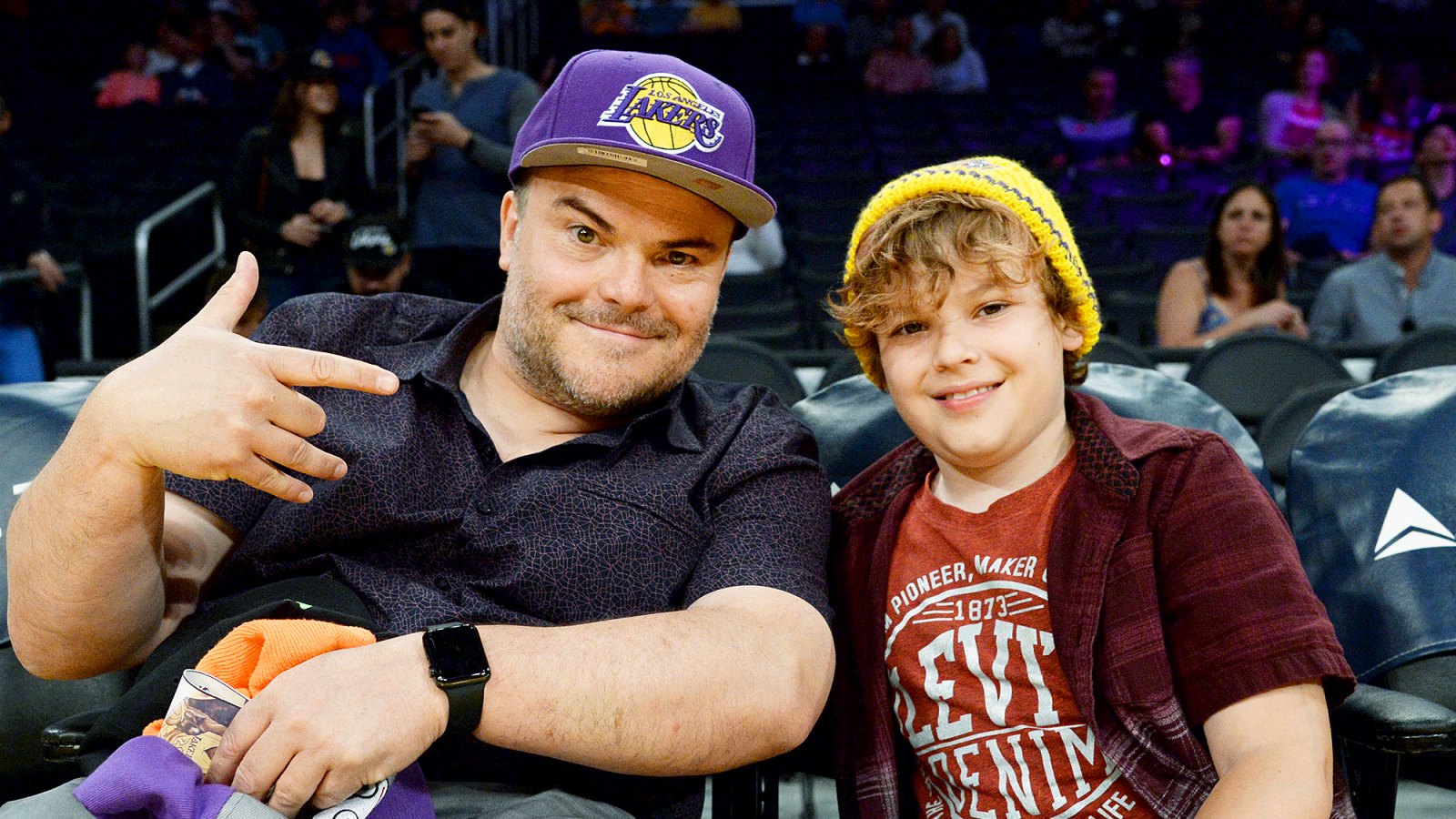 Jack Black and his son Samuel attend Washington Wizards and Los Angeles Lakers basketball game at Staples Center March 28 2017, in Los Angeles, California.