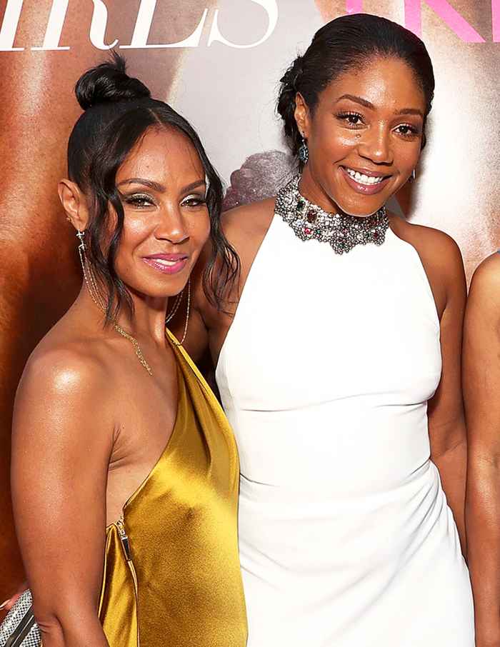 Jada Pinkett Smith and Tiffany Haddish attend the premiere of Universal Pictures' "Girls Trip" at Regal LA Live Stadium 14 on July 13, 2017 in Los Angeles, California.