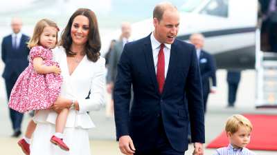 Catherine, Duchess of Cambridge, Princess Charlotte of Cambridge, Prince William, Duke of Cambridge and Prince George of Cambridge arrive at Warsaw airport on July 17, 2017 in Warsaw, Poland.