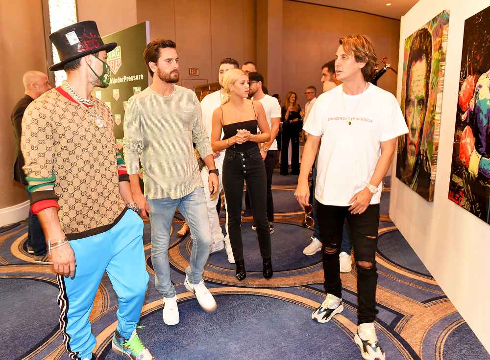 Alec Monopoly, Scott Disick, Sofia Richie and Jonathan Cheban attend Haute Living's VIP Pop-Up opening of Alec Monopoly from Art Life and David Yarrow from Medal's Gallery on December 7, 2017 in Miami Beach, Florida.
