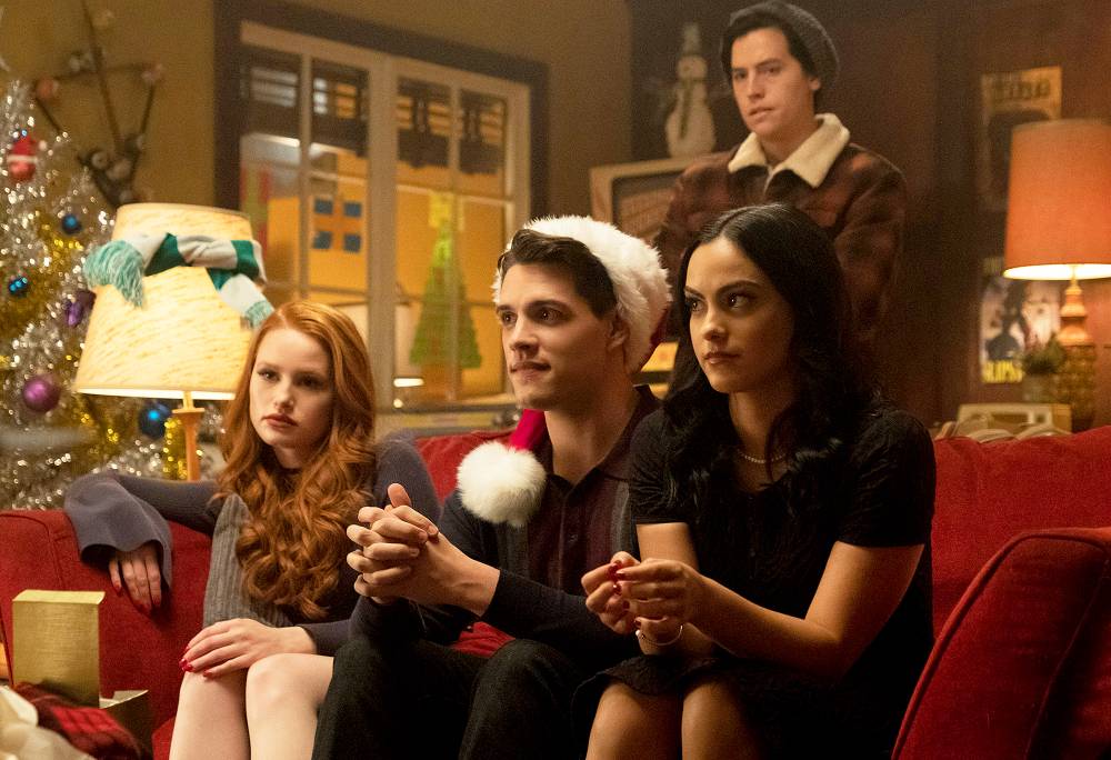 Madelaine Petsch as Cheryl Blossom, Casey Cott as Kevin Keller, Camila Mendes as Veronica Lodge, Ashleigh Murray as Josie McCoy, and Cole Sprouse as Jughead Jones on ‘Riverdale‘