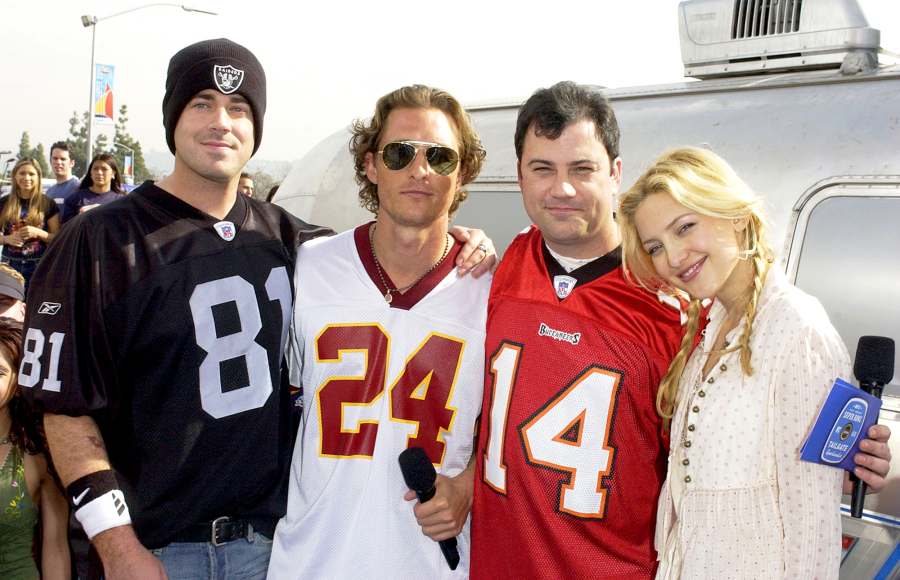Carson Daly, Matthew McConaughey, Jimmy Kimmel and Kate Hudson during MTV's First Annual Super Bowl Tailgate Spectacular during Super Bowl XXXVIIM on January 22, 2003.