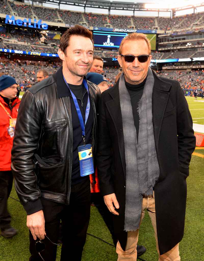 Hugh Jackman and Kevin Costner attend the Pepsi Super Bowl XLVIII Pregame Show at MetLife Stadium on February 2, 2014 in East Rutherford, New Jersey.