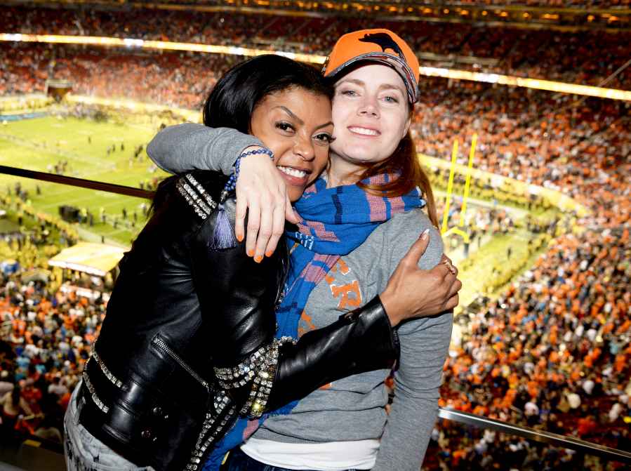 Taraji P. Henson and Amy Adams attend Super Bowl 50 at Levi's Stadium on February 7, 2016 in Santa Clara, California.