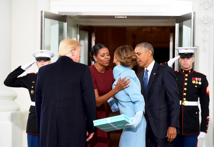 Barack Obama, Michelle Obama, Donald Trump and Melania Trump to the White House in Washington, DC on January 20, 2017.
