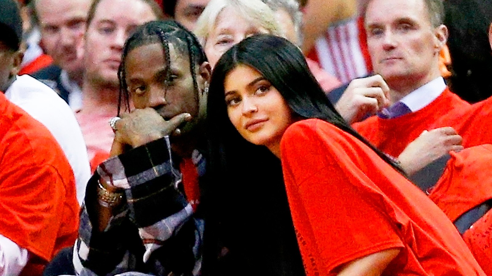 Travis Scott and Kylie Jenner watch court side during Game Five of the Western Conference Quarterfinals game of the 2017 NBA Playoffs at Toyota Center on April 25, 2017 in Houston, Texas.