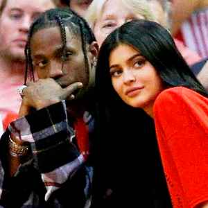 Travis Scott and Kylie Jenner watch court side during Game Five of the Western Conference Quarterfinals game of the 2017 NBA Playoffs at Toyota Center on April 25, 2017 in Houston, Texas.