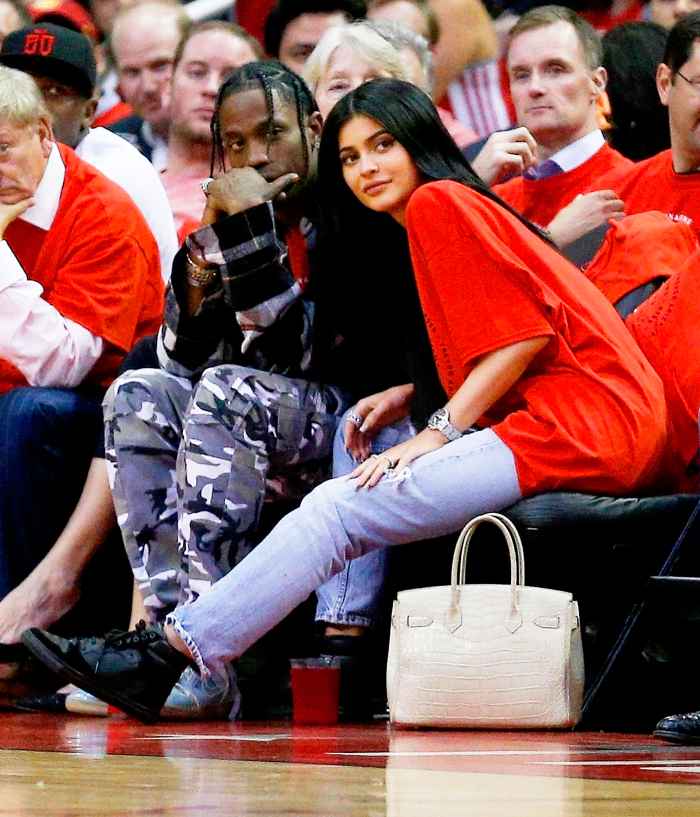 Travis Scott and Kylie Jenner watch courtside during game 5 of the Western Conference Quarterfinals game of the 2017 NBA Playoffs at Toyota Center in Houston on April 25, 2017.