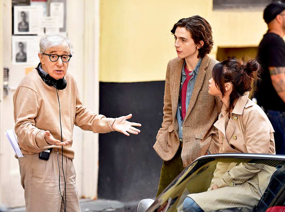 Woody Allen, Timothe Chalamet and Selena Gomez seen on location for Woody Allen's A Rainy Day in New York on September 11, 2017 in New York City.