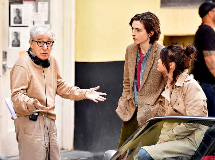 Woody Allen, Timothe Chalamet and Selena Gomez seen on location for Woody Allen's A Rainy Day in New York on September 11, 2017 in New York City.