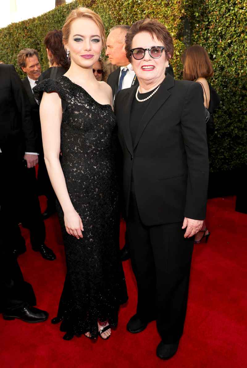 Emma Stone and activist Billie Jean King arrive to the 75th Annual Golden Globe Awards held at the Beverly Hilton Hotel on January 7, 2018.