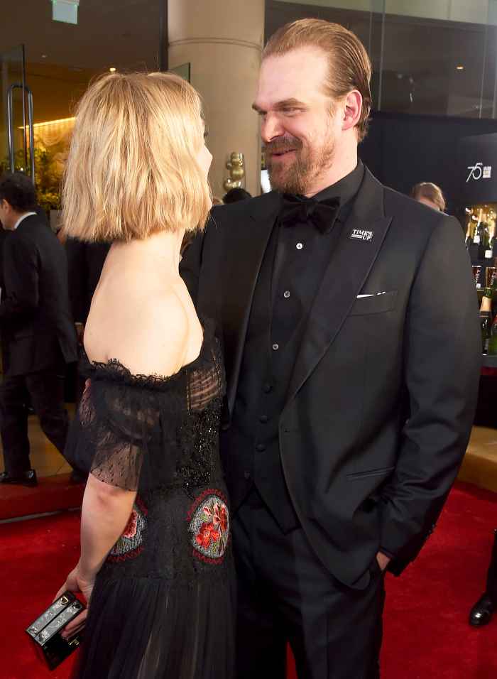 Alison Sudol and David Harbour celebrate The 75th Annual Golden Globe Awards with Moet & Chandon at The Beverly Hilton Hotel on January 7, 2018 in Beverly Hills, California.