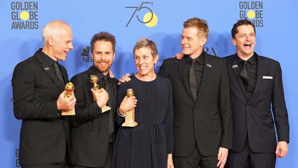 Martin McDonagh, Sam Rockwell, Frances McDormand, Graham Broadbent and Peter Czernin pose with the award for Best Motion Picture Drama for 'Three Billboards Outside Ebbing, Missouri' in the press room during The 75th Annual Golden Globe Awards at The Beverly Hilton Hotel on January 7, 2018 in Beverly Hills, California.