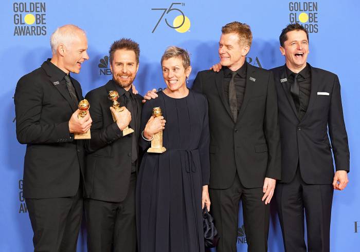 Martin McDonagh, Sam Rockwell, Frances McDormand, Graham Broadbent and Peter Czernin pose with the award for Best Motion Picture Drama for 'Three Billboards Outside Ebbing, Missouri' in the press room during The 75th Annual Golden Globe Awards at The Beverly Hilton Hotel on January 7, 2018 in Beverly Hills, California.