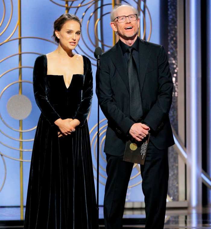 Natalie Portman and Ron Howard speak onstage during the 75th Annual Golden Globe Awards at The Beverly Hilton Hotel on January 7, 2018 in Beverly Hills, California.