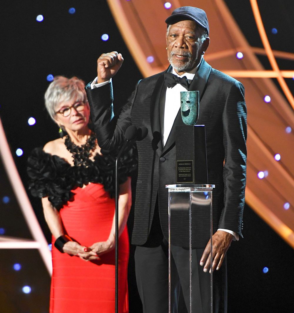 Rita Moreno and Morgan Freeman onstage during the 24th Annual Screen Actors Guild Awards at The Shrine Auditorium on January 21, 2018 in Los Angeles, California.