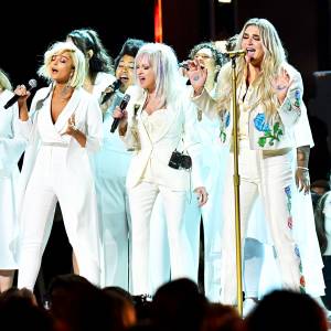 Bebe Rexha, Cyndi Lauper, Kesha, Camila Cabello, Andra Day and Julia Michaels perform onstage during the 60th Annual Grammy Awards at Madison Square Garden on January 28, 2018 in New York City.